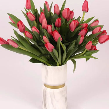 30 Red Tulips in Ceramic Vase